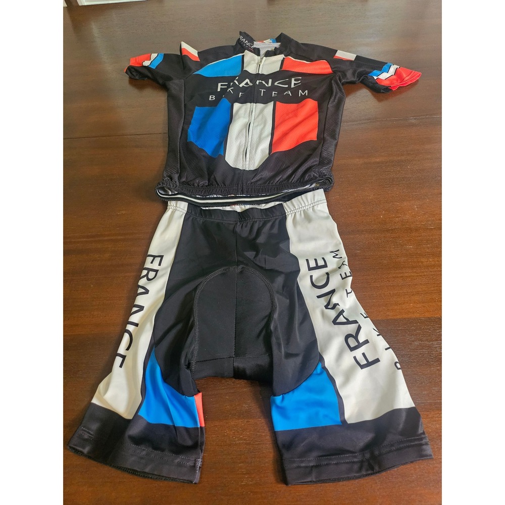 France Bike Team Cycling Jersey Shorts Set Mens Large Black Blue Padded Kit